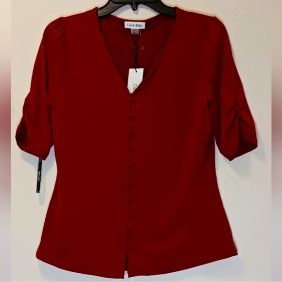 Calvin Klein Tops - Calvin Kline Ruched Sleeves V-neck Blouse. NWT